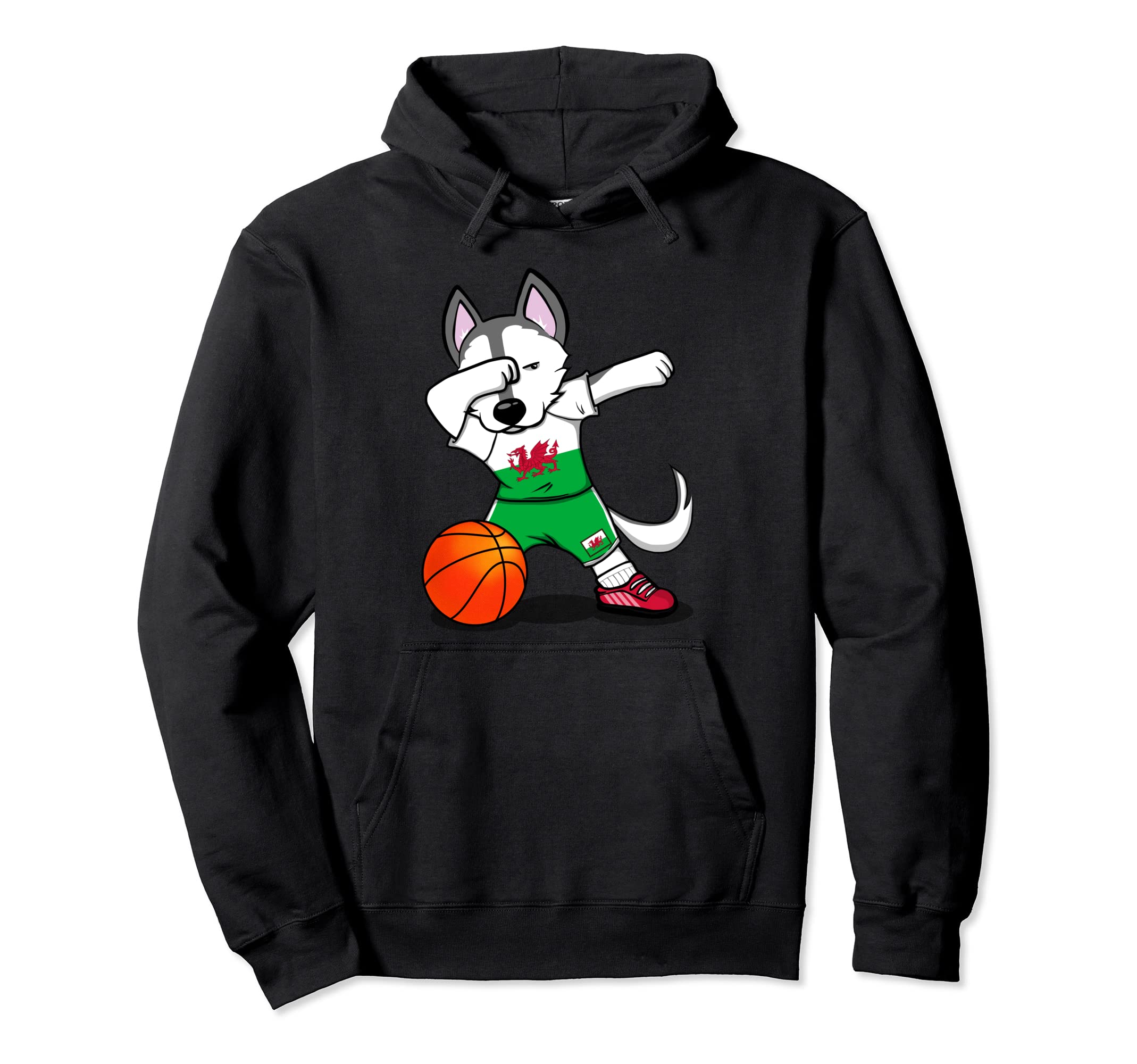 Dabbing Husky Dog Wales Basketball Fans Jersey - Welsh Flag Pullover Hoodie