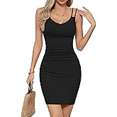 Missufe Women's V Neck Sleeveless Ruched Bodycon Sundress Summer Casual Mini Cami Dress (Black, Small)
