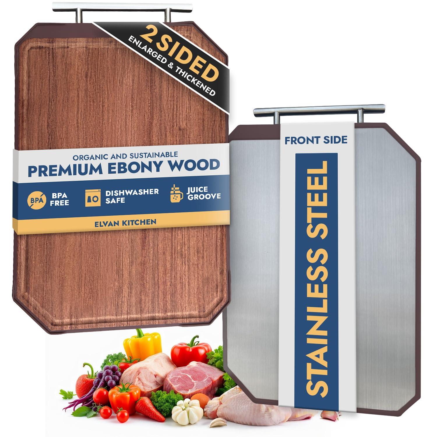 Photo 1 of 2-in-1 Wooden Cutting Board – 17.7"x11.8", Ebony & Stainless Steel – Double-Sided | Juice Groove | Handle for Hanging | Meat, Cheese, Veggies | BPA-Free & Dishwasher Safe