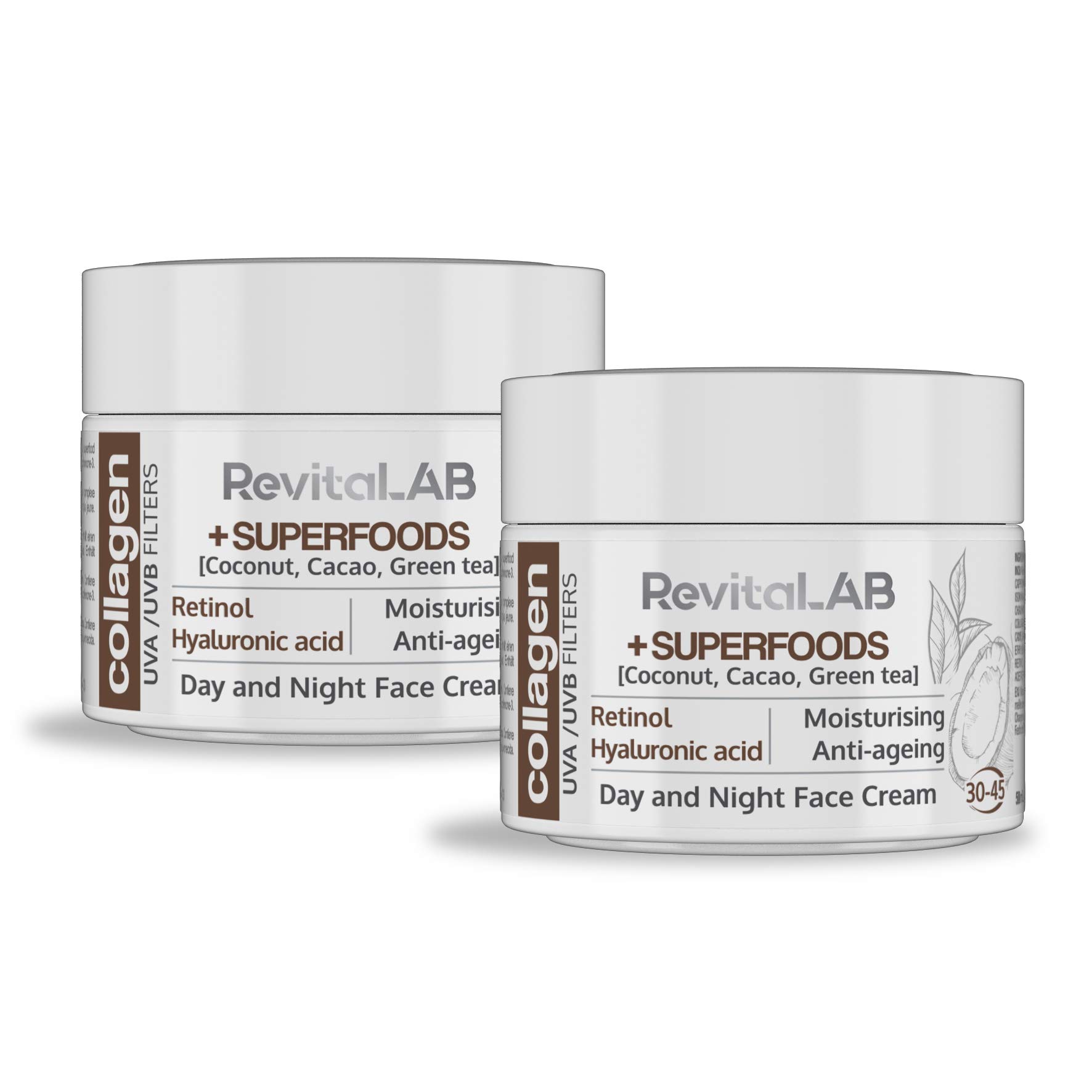 RevitaLAB Day and Night Collagen Anti-Ageing Moisturiser, Enriched with Hyaluronic Acid, Superfoods, Vitamins and a UVA/UVB Filter, for Ages 30 – 45, 2x 50 ml (Multipack)