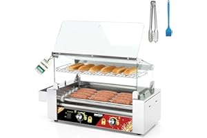 WantJoin Commercial Hot Dog Grill with Bun Warmer, 5 Roller Sausage Cooker 12 Capacity, 750W Countertop Machine with Glass Sn