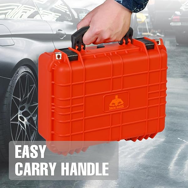 JACK BOSS 16X 12.8X 6.8 INCH HARD CASE, PORTABLE WEATHER WATERPROOF PROTECTIVE CAMERA CASE WITH CUSTOMIZABLE FOAM, FIT USE OF DRONES, CAMERA, EQUIPMENTS, ORANGE