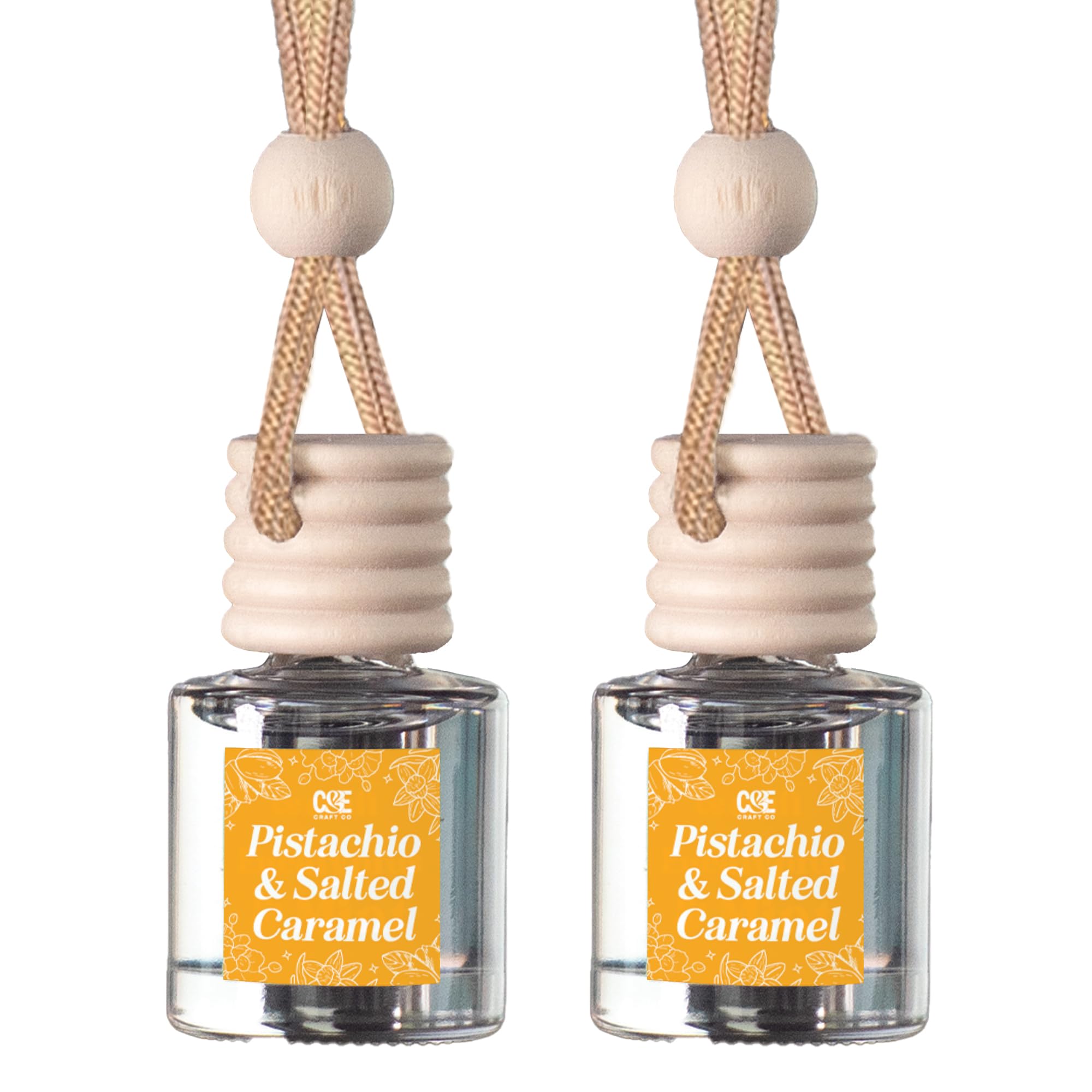C&E Craft Co Hanging Car Air Freshener Diffuser 2 Pack, Long Lasting Fragrance Oil Car Freshener, Glass Bottle Auto Air Freshener, Made in USA (Pistachio & Salted Caramel)