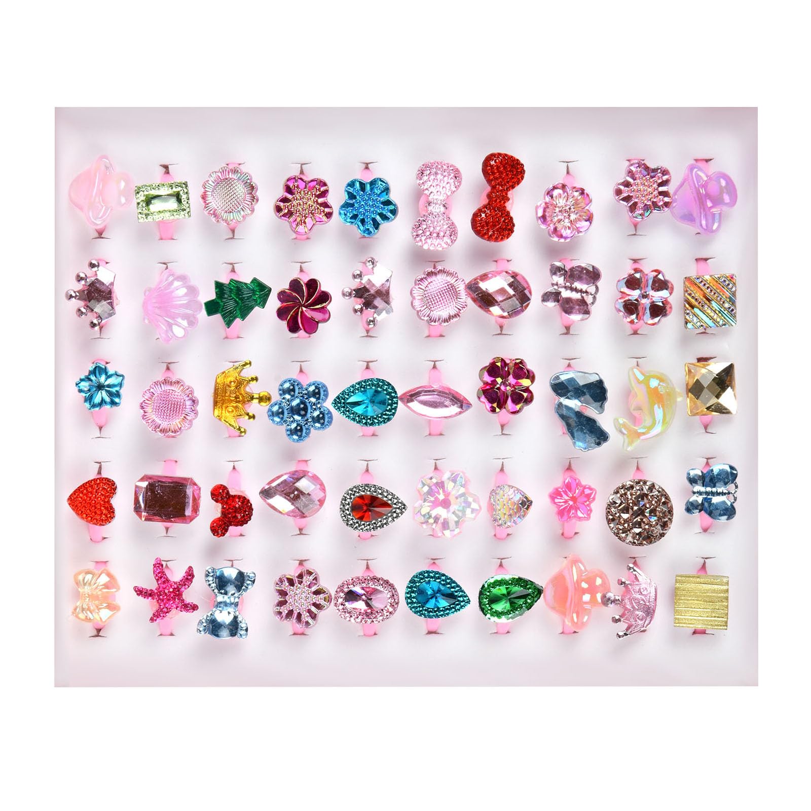 OSDUE Girl Rings, 50PCS Little Girl Jewel Rings in Box, Adjustable Ring Set for Girls, No duplication, Cute Princess Play Dress Up Ring for Kids Little Girls, Mermaid/Butterfly/Flower