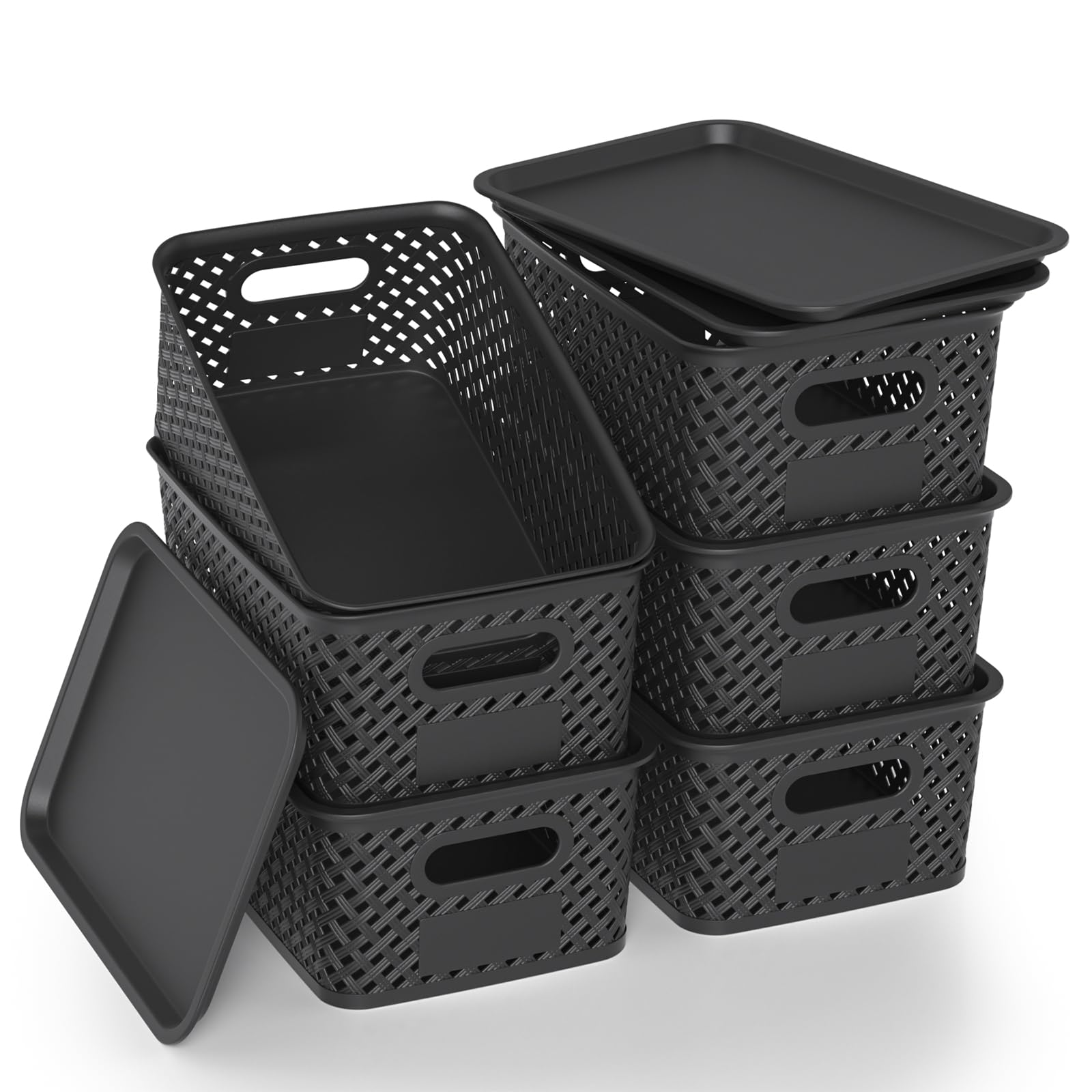 Photo 1 of ZFTMRR Plastic Storage Bins with Lid, Stackable Small Box Basket for Organizing and Containers for Shelves Drawers Desktop Closet Playroom Pantry Classroom Office Home, 6-pack 10.2x7.2x4.1 Inch, Black
