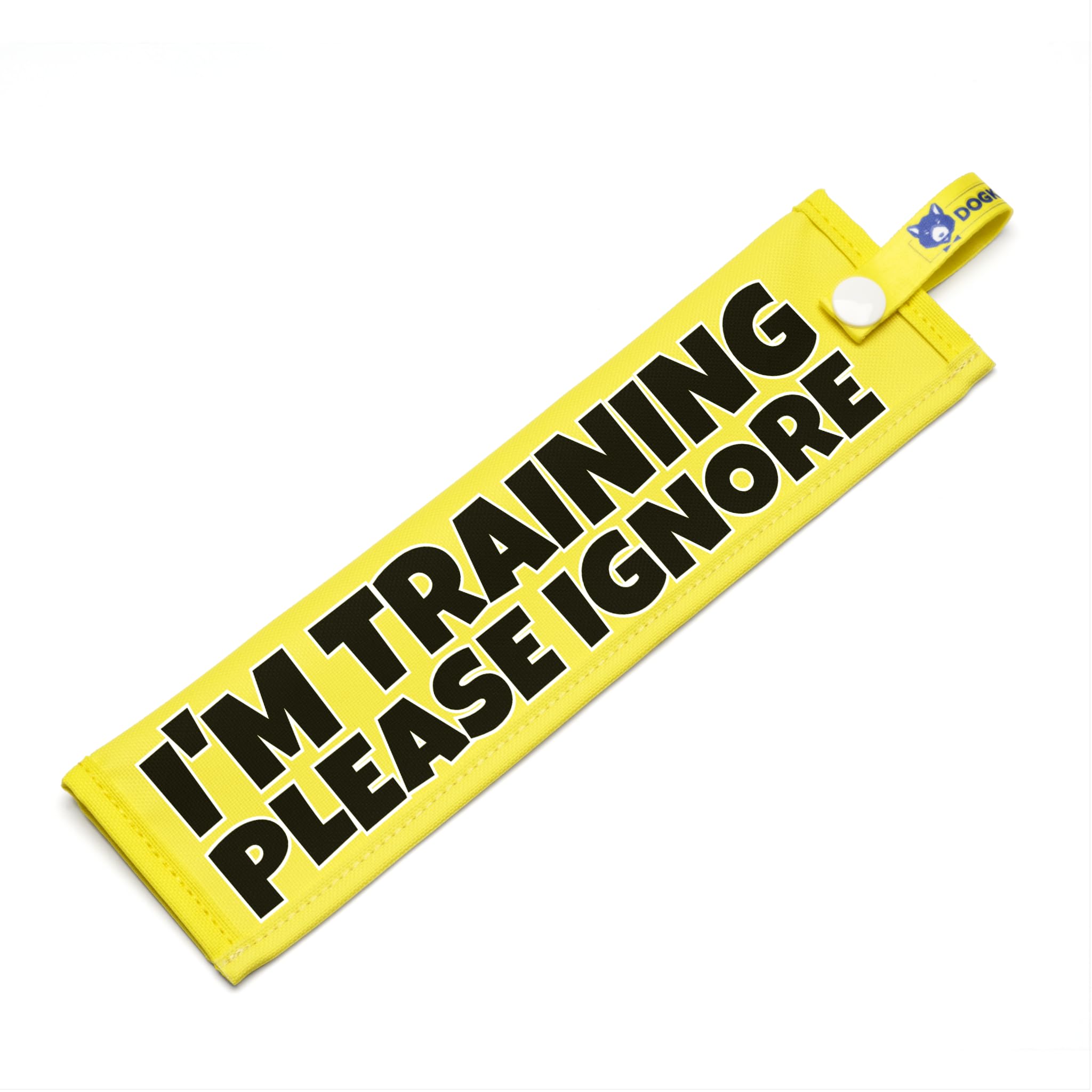 I’m Training Please Ignore Lead Sleeve – High Visibility Training Lead Wrap for Dog Walks – Bright Yellow Space Awareness Warning with Secure Snap Attachment – Double Sided Lead Cover