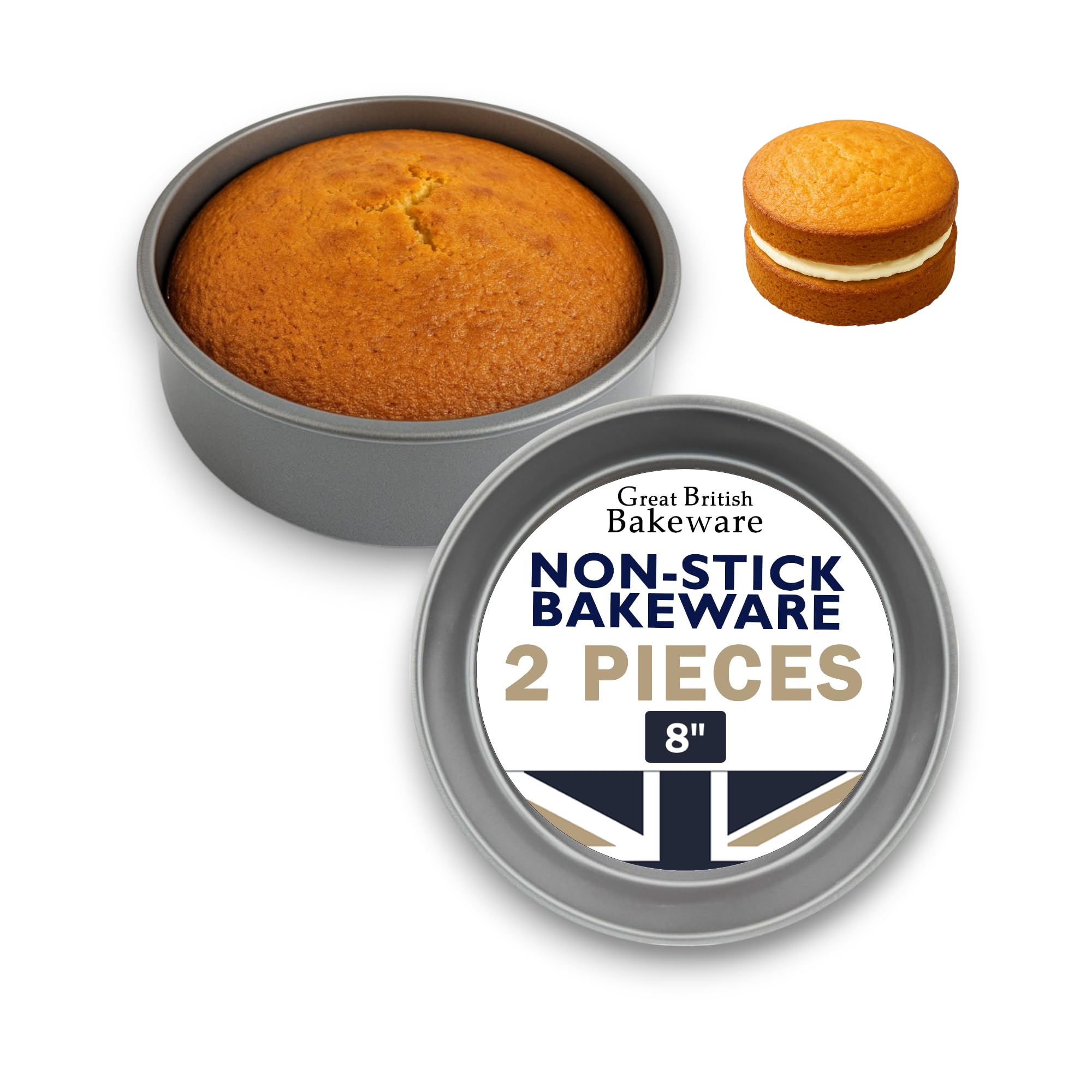 Great British Bakeware 2 Pack 8" Deep Superior Double Coated Non-Stick Victoria Sandwich Cake Tin, Baking, Oven Safe, Round Cake Tin, Fixed Base, PFOA & BPA Free Cookware, Made in England
