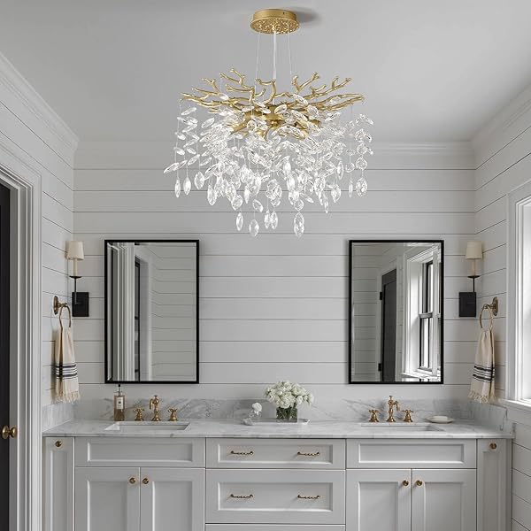 EGM GOLD TREE BRANCH CRYSTAL CHANDELIER 18-INCH, CRYSTAL CHANDELIER FOR DINING ROOM 6-LIGHT, HANGING ROUND RAINDROP CHANDELIERS FOR LIVING ROOM E12