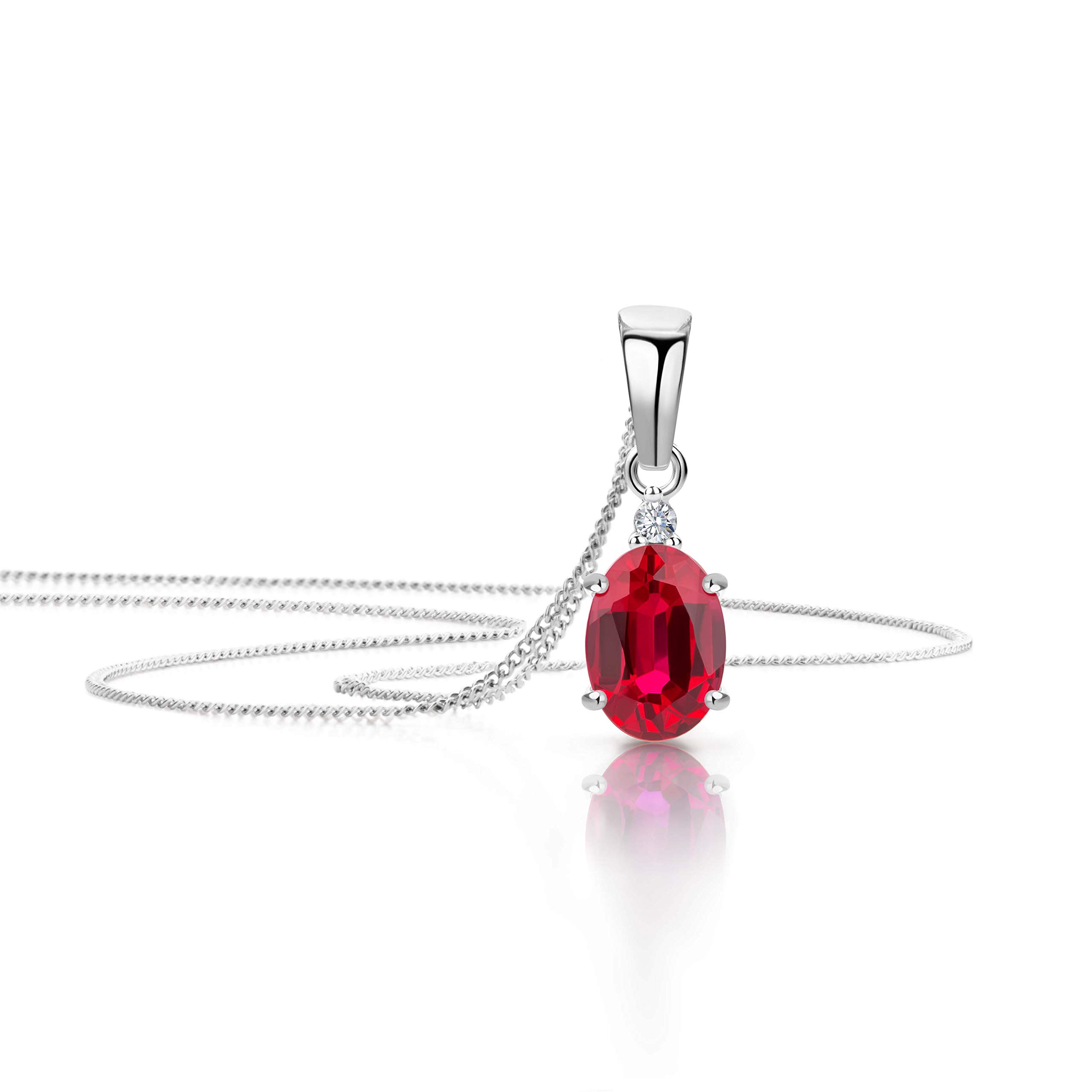 OROVI White Gold Necklace for Women with a Diamond and a Ruby in 9 Carat Gold, Hypoallergenic Necklace - Handmade pendants with jewellery box - Made in Italy