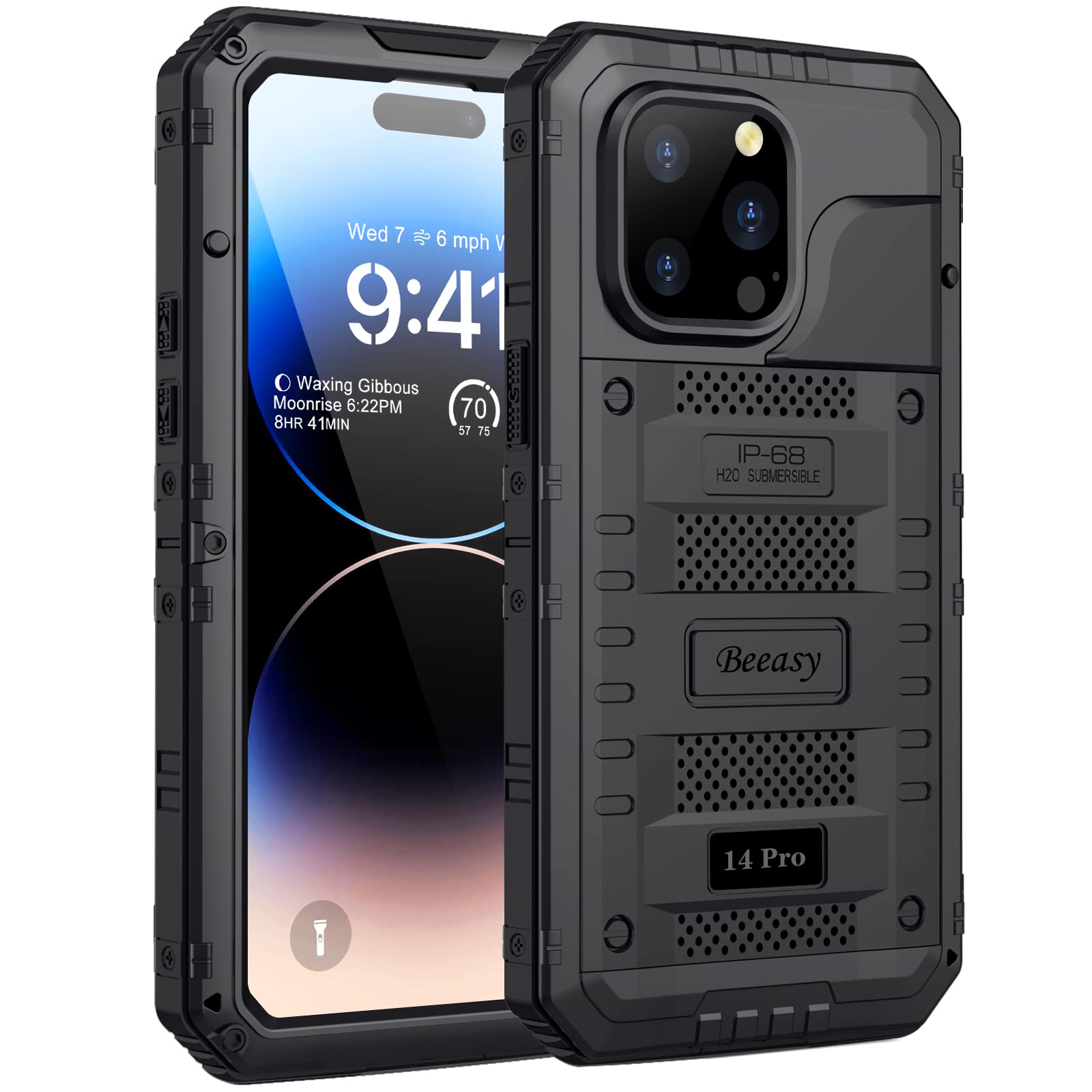Beeasy for iPhone 14 Pro Case Waterproof Heavy Duty Shockproof Tough Metal Armour Cover Dustproof Built-in Screen Protector, 360 Full Body Military Protective Rugged Case for iPhone 14 Pro 6.1inch