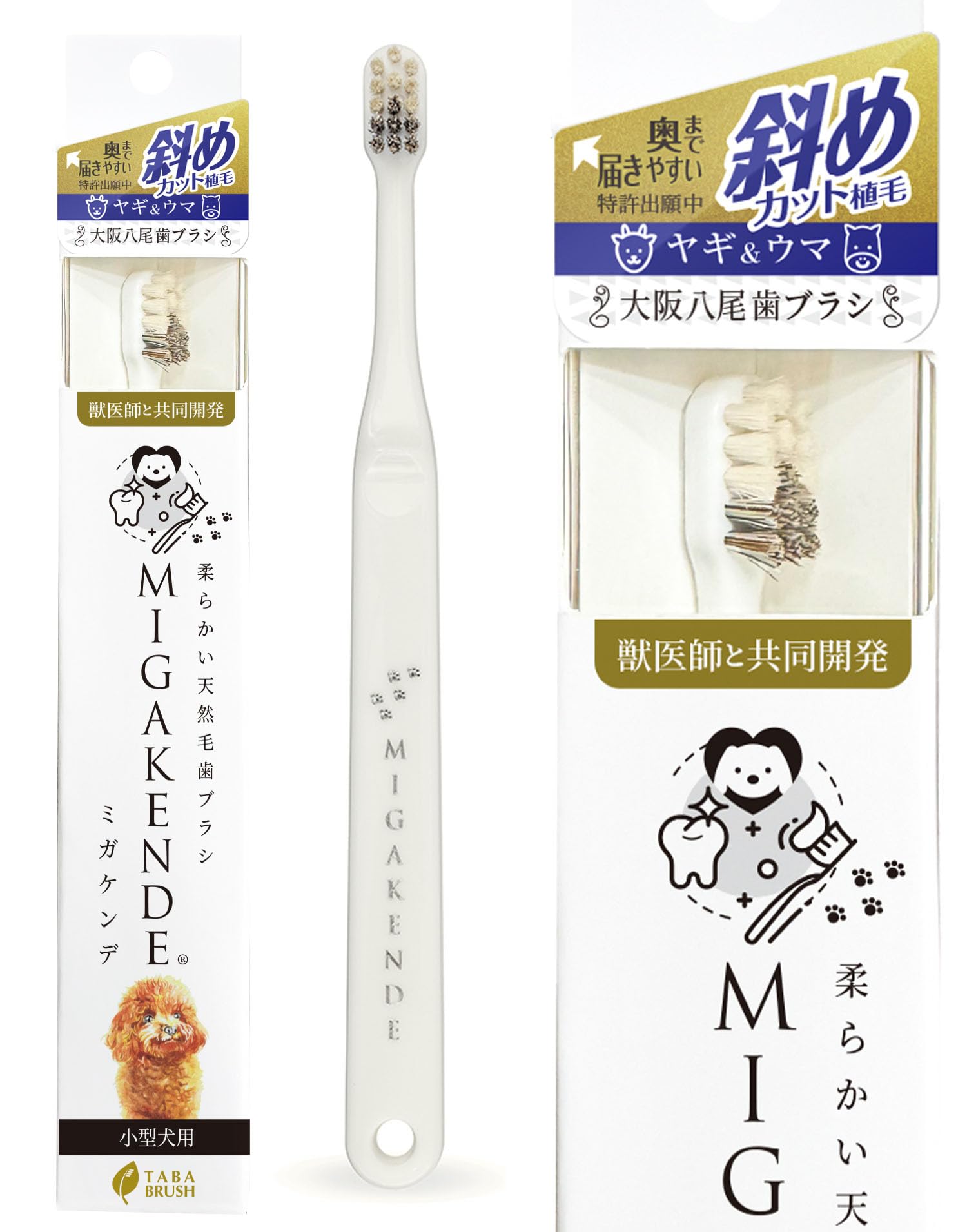 ミガケンデ 小型犬用 歯ブラシ ヤギ＆ウマ植毛：斜めカット 日本製 天然毛 MIGAKENDE) (白, １本)商品画像