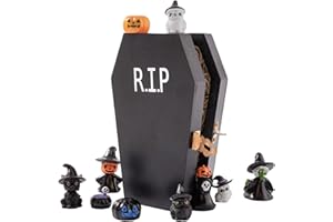 Halloween Coffin Box with Miniature Figurines Set, Coffin Decor with Mini Skeleton & Pumpkins Halloween Decorations Indoor, S
