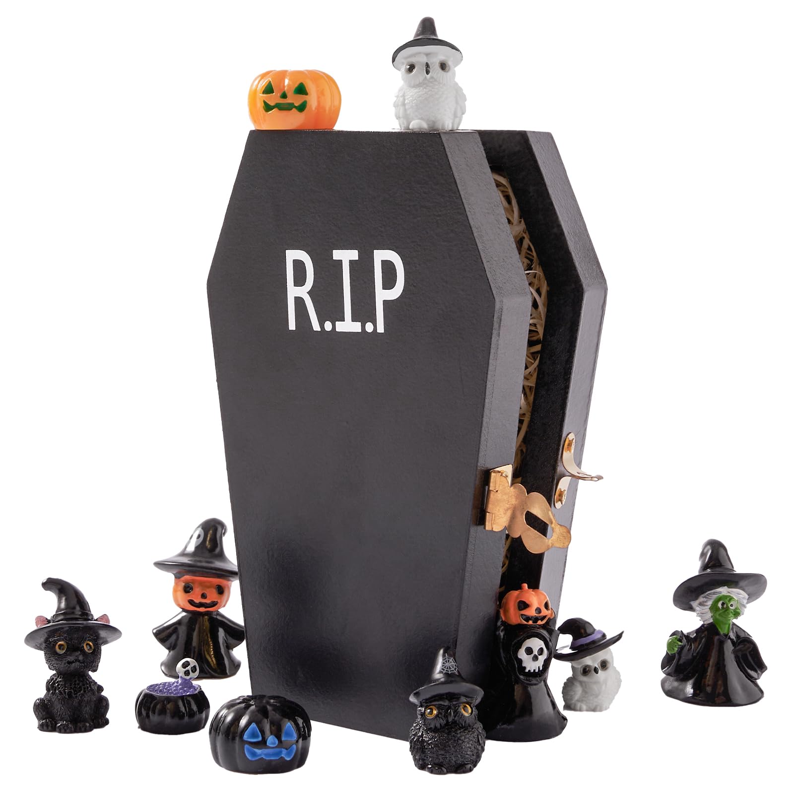Photo 1 of 11 Pcs Halloween Decorations Miniature Figurines, Small Spooky Mini Halloween Figures Set Table Centerpiece, Wood Coffin Decor and Mini Resin Pumpkins, Black Cat, Witch Pot, Skeleton and Owl for Kids