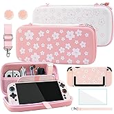 FANPL Cute Carrying Case Bundle for Nintendo Switch 2, Accessories Kit with Hard Travel Case, Protective Shell, Adjustable Strap, Screen Protector, Thumb Grip Caps, Pink White Sakura for Girl