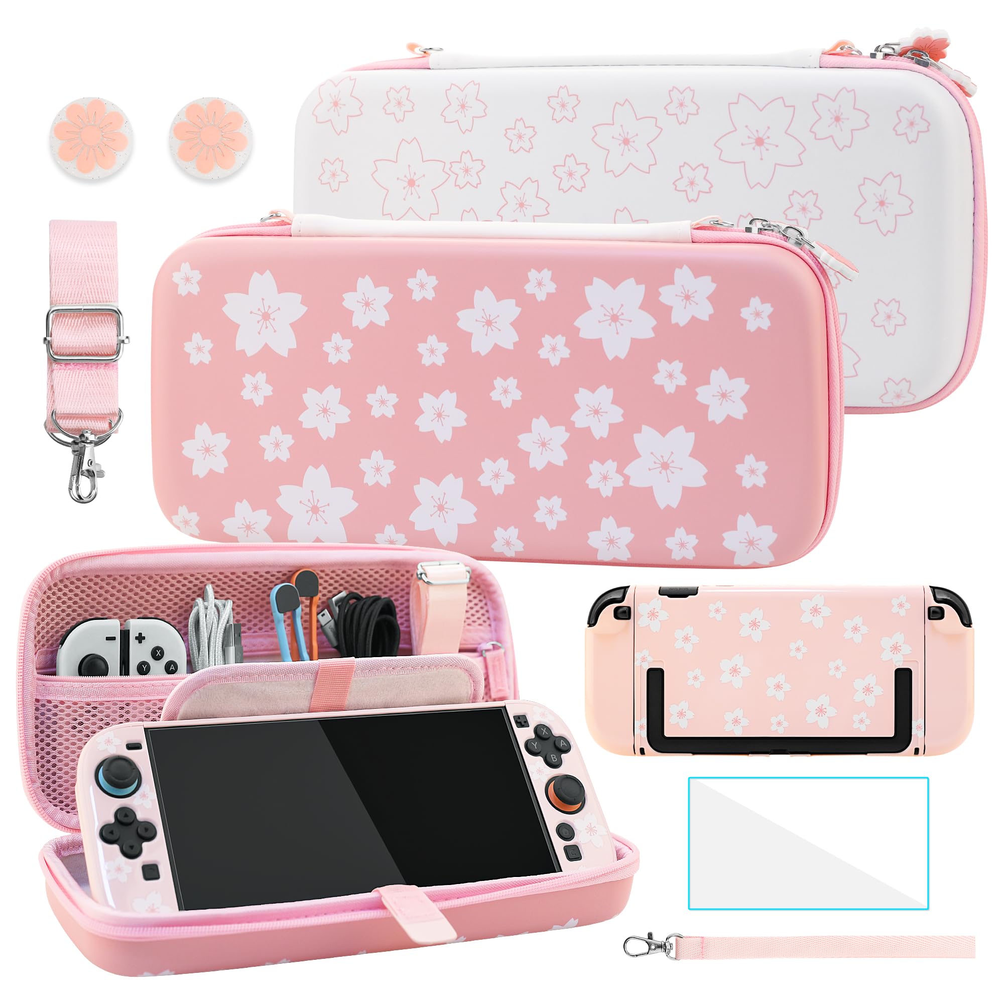 FANPL Cute Carrying Case Bundle for Nintendo Switch 2, Accessories Kit with Hard Travel Case, Protective Shell, Adjustable Strap, Screen Protector, Thumb Grip Caps, Pink White Sakura for Girl