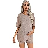 WDIRARA Women's 2 Piece Outfits Solid Short Sleeve Round Neck Top and Shorts Set Maternity