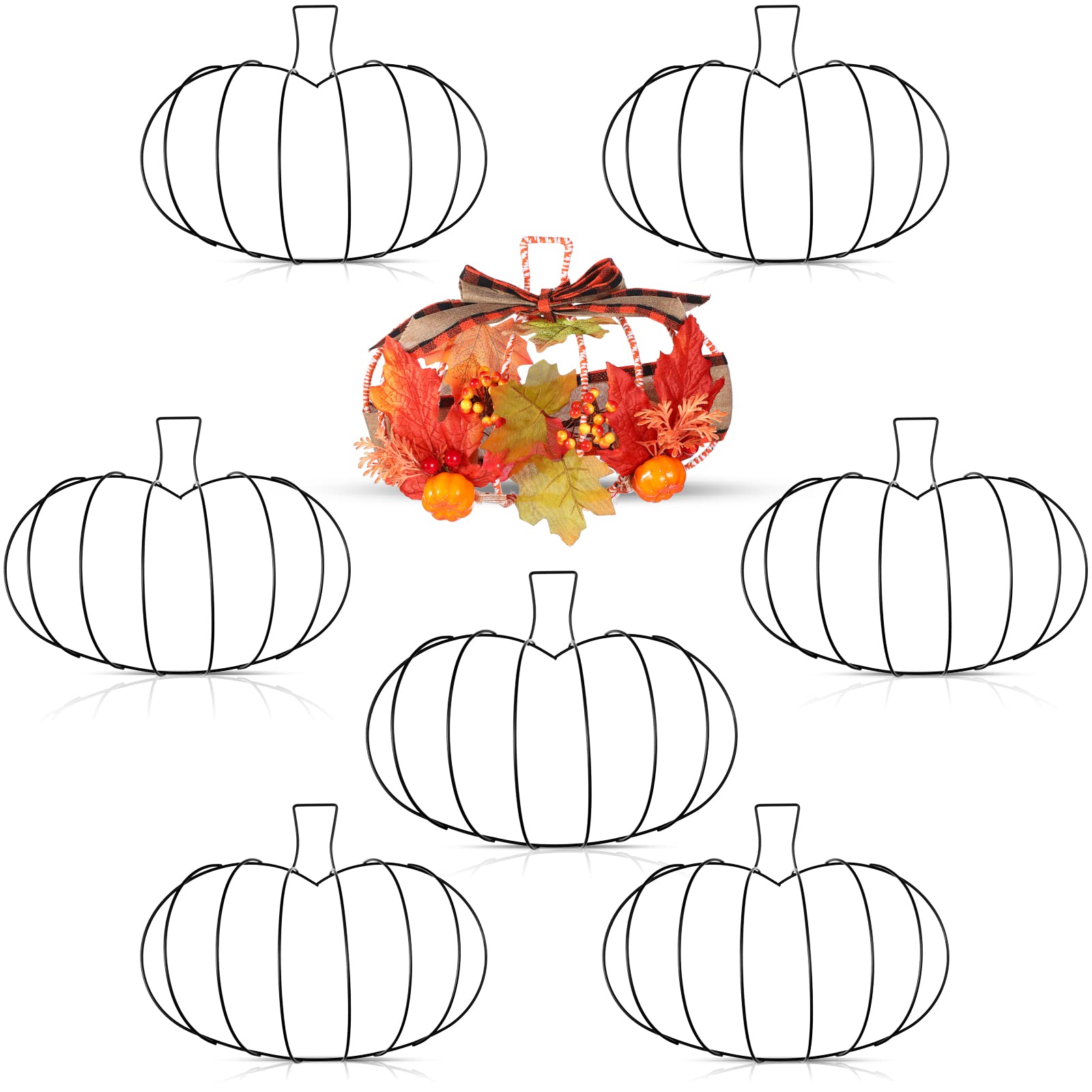 Hotop 7 Pcs 10 x 7.3 Inches Thanksgiving Pumpkin Shaped Metal Wreath Form Fall Wire Floral Frame Halloween 3D Pumpkin Wreath Indoor Outdoor Garden Porch Kitchen DIY Craft Decorations