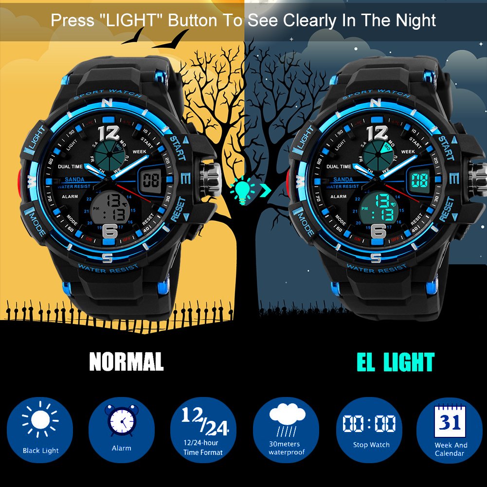 Kids Digital Sport Watch for Boys, Childrens Outdoor Sports Waterproof Military Analog Watches with Alarm