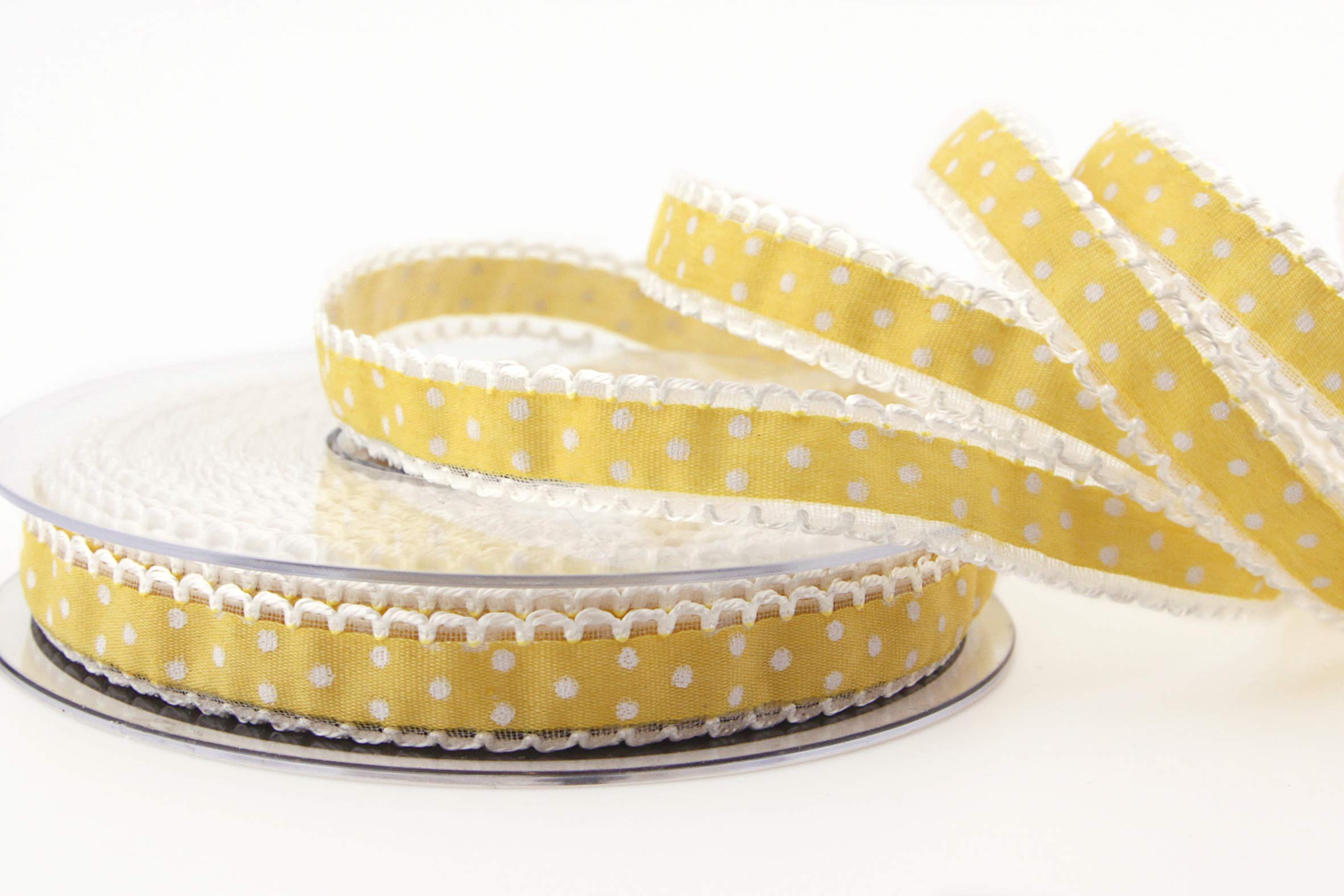 finemark 20 m x 15 mm Emily Yellow Polka Dot Lace Edge Ribbon for Sewing Decorating Gift Ribbon Vintage Country House