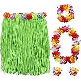PIXHOTUL Raffia Grass Hula Skirt and Hibiscus Leis Set Hawaiian Costumes for Tropical Hawaiian Party Summer Beach Luau Party