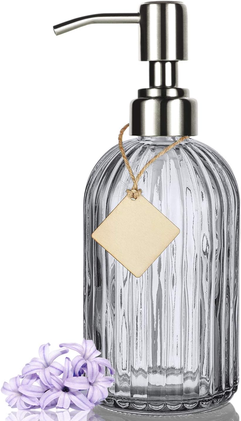 Pretigo Bathroom Soap Dispenser with Premium Clear Glass, Rust Proof Stainless Steel Pump, Refillable Liquid Hand Soap Dispenser 16 Oz (Grey): Home & Kitchen