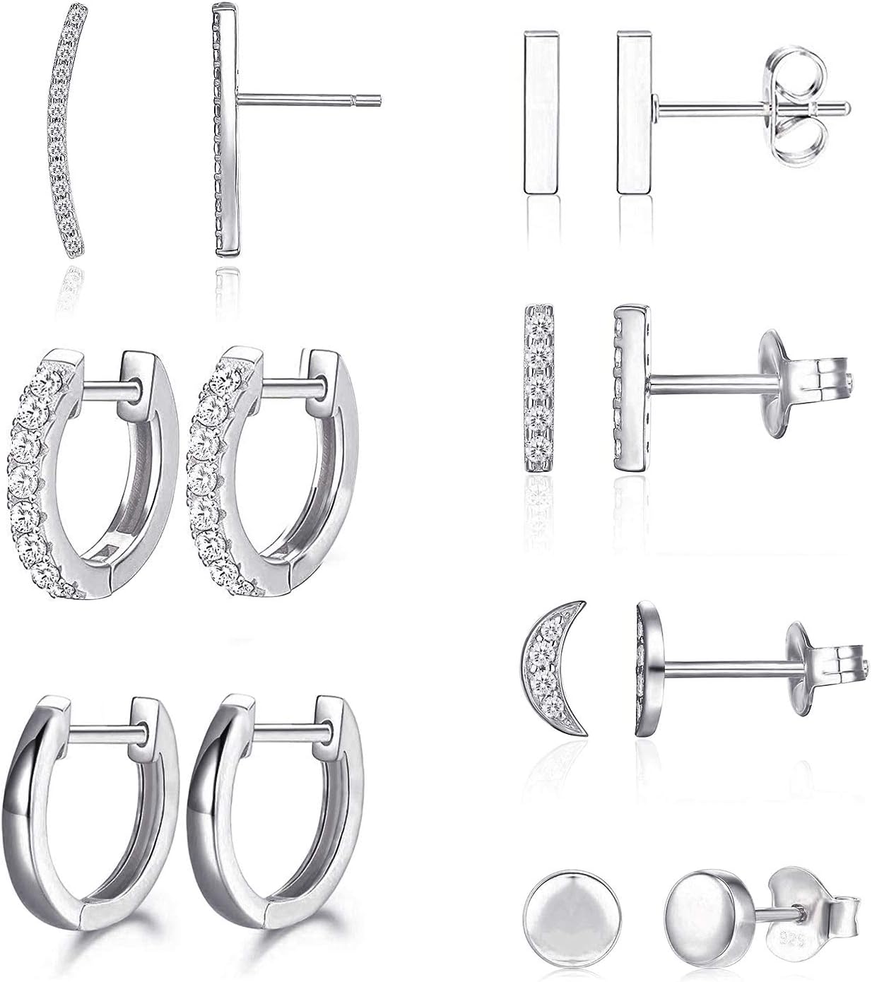 Earrings for Women Hoop Huggie Girls Ear Piercing Minimalist Cuff Mini Bar Dainty Stud Perfect for Gifting Rose Gold Plated AAA+ Cubic Zirconia Small Set 14pcs Earrings (14Pcs Set) (Silver)