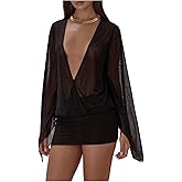 Milumia Women's Deep V Neck Sheer Mesh Mini Dress Long Bell Sleeve Rave Sexy Dresses