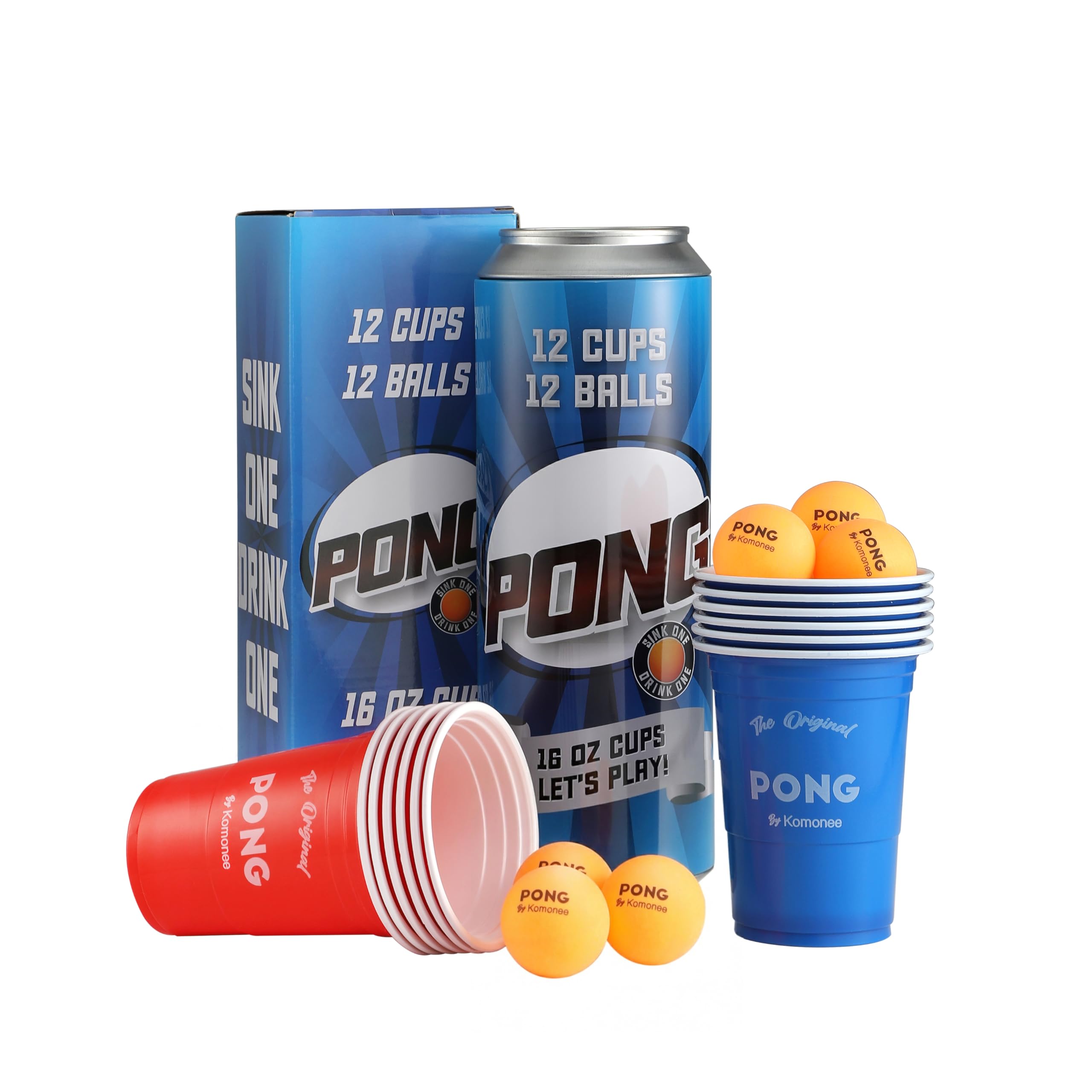 Komonee American Pong Game in Novelty Can - Fun Adult Party Gift, Secret Santa or Stocking Filler - Set of 12 Red & Blue Cups + 12 Balls