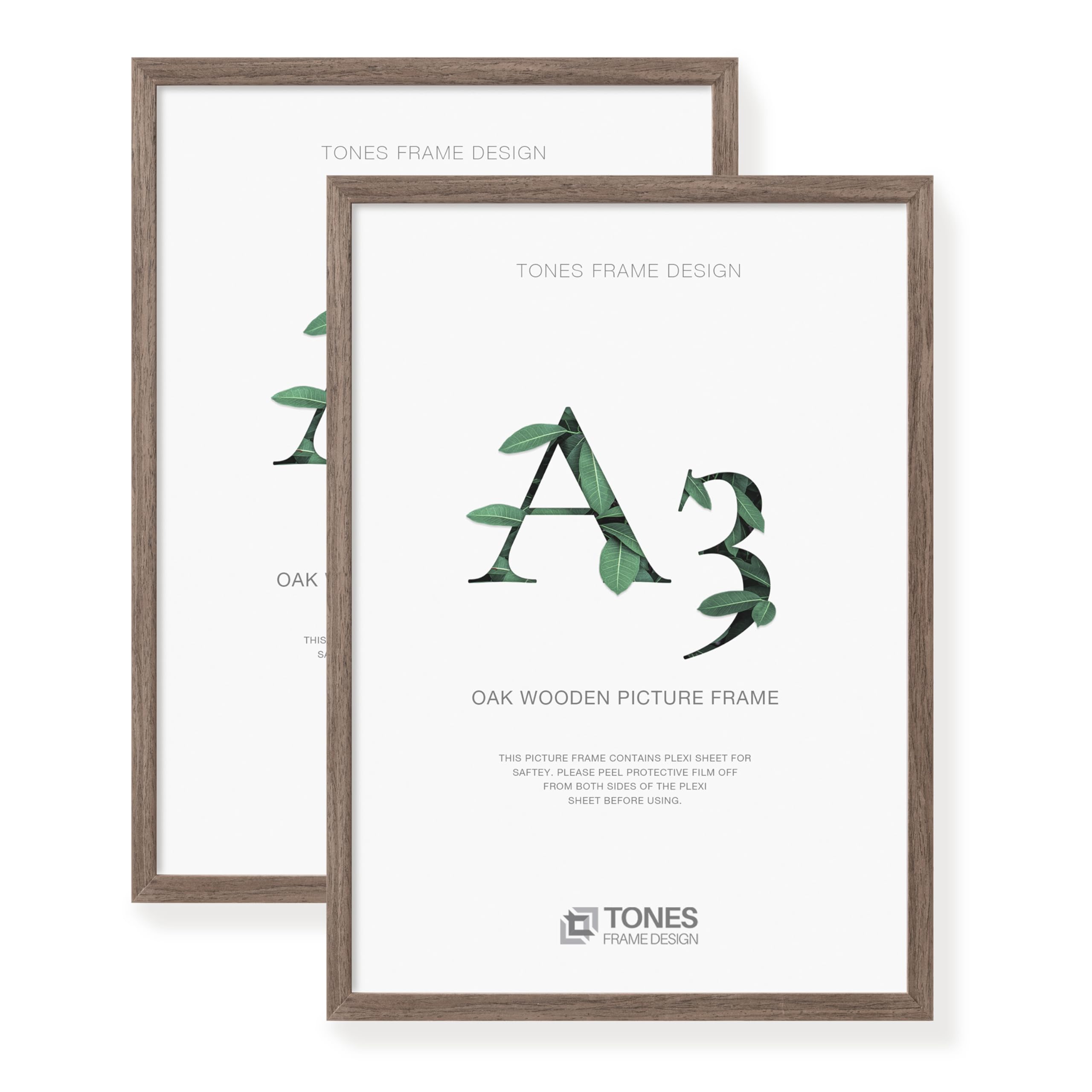 TONES FRAME DESIGN A3 Frame, 2-Pack, 29.7 x 41.9 cm, Wooden Picture Photo Frames with Brown Oak Veneer and Shatter-Resistant Plexiglass, Wall Frames for Portrait or Landscape, Posters, Certificates
