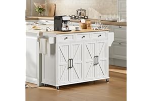 RALGEND Kitchen Island with Drop Leaf & Power Outlet, Rolling Kitchen Island Cart On Wheels, Barn Door Kitchen Island Table with Storage and Tower Rack, Island Table for Kitchen, White and Natural