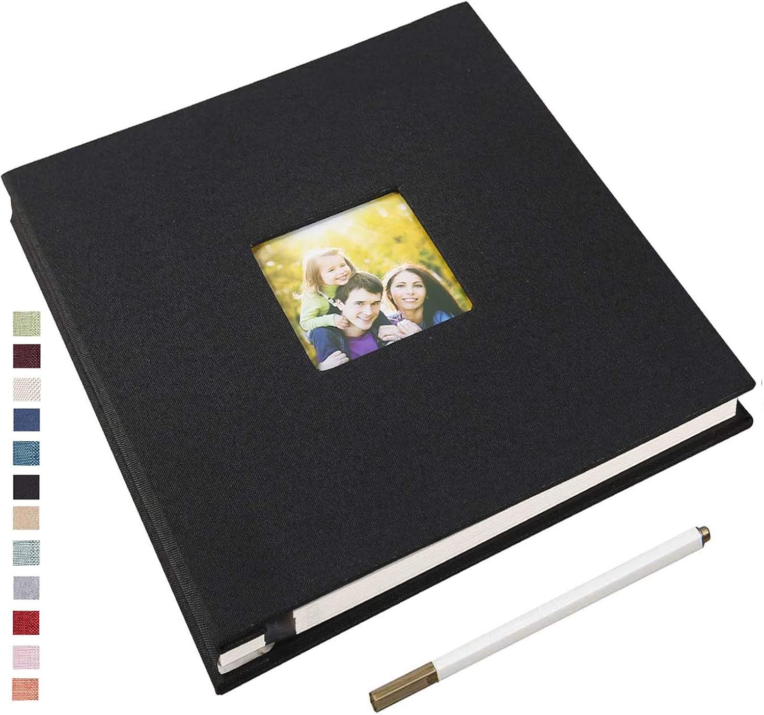 Yopih Self Adhesive Photo Album 33x32cm Fits 10x15 8x13 13x18 15x20 20x25 cm Photo Scrapbook with Window 40 Pages Linen Cover with A Metallic Pen DIY Memory Book for Baby Wedding Family Black
