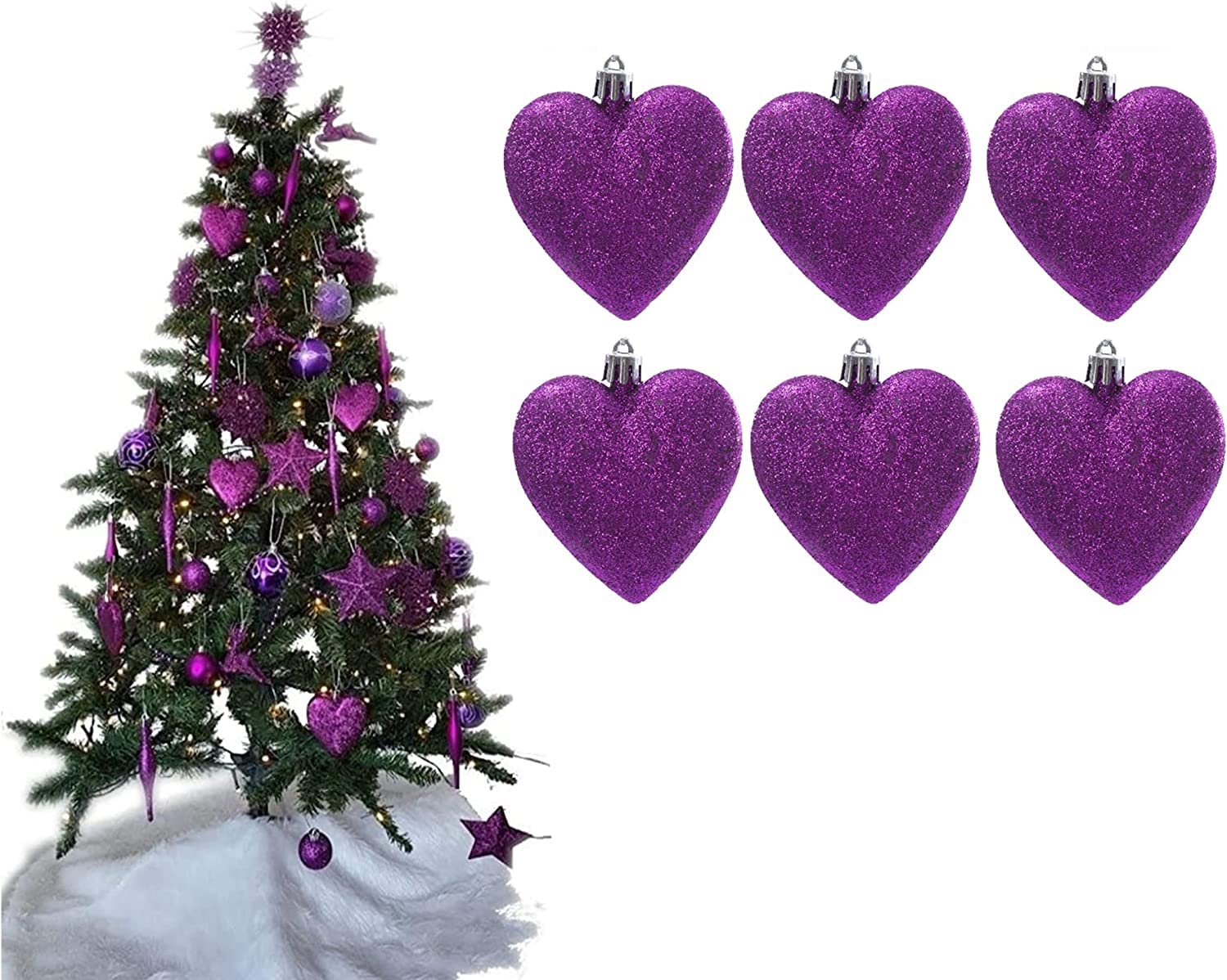 UKDeals Direct® DARK PURPLE COLLECTION CHRISTMAS DROPLET BAUBLES TREE DECORATIONS GLITTER MATT ICICLES (Pack of 6 Heart - 8cm)