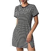 OYOANGLE Women's Striped Short Sleeve T Shirt Dress Slit Hem Summer Casual Short Dresses