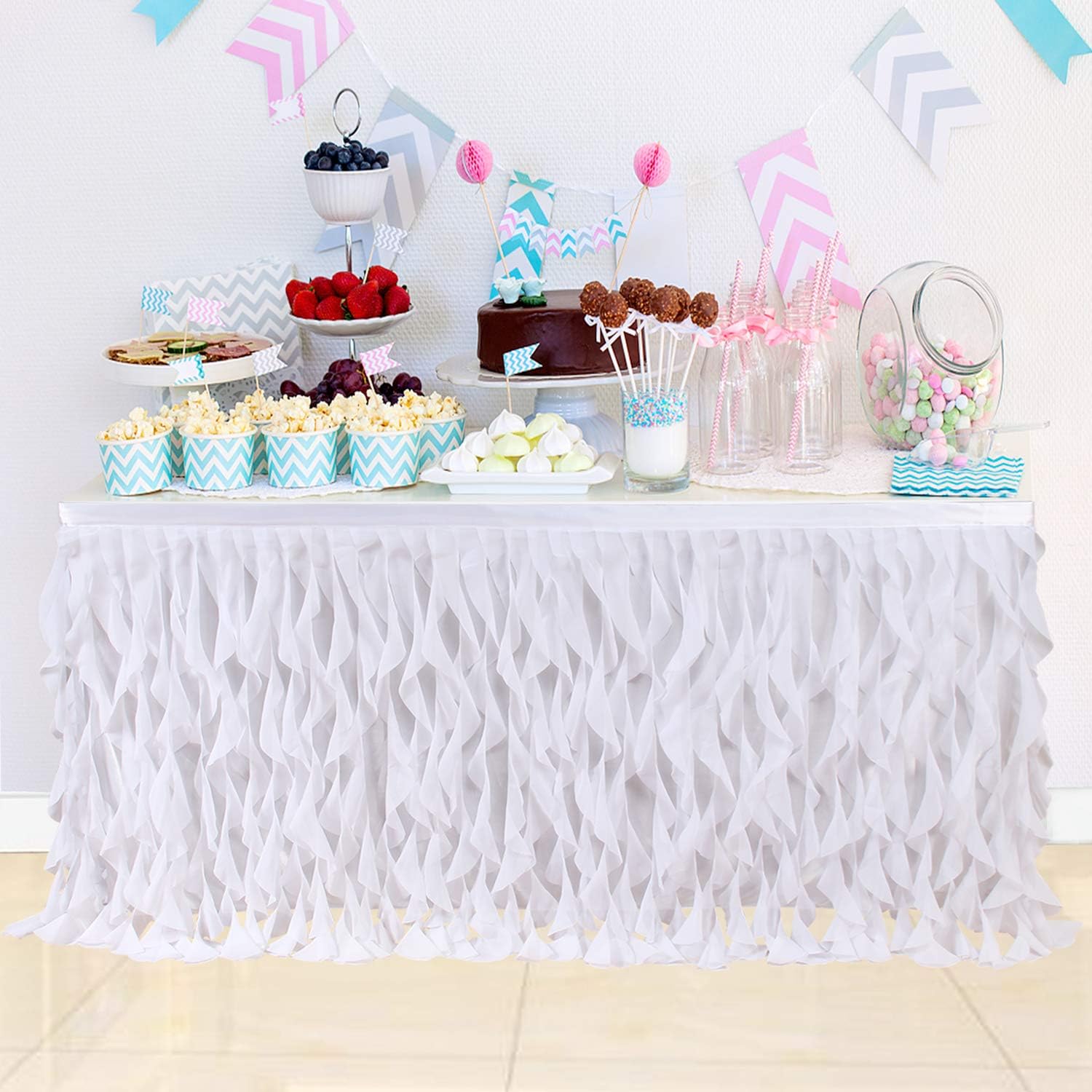 6ft Curly Willow White Table Skirting Lace Taffeta Table Skirt Tutu Tulle Table Skirt for Round or Rectangle Table for Birthday, Wedding, Party Decoration Supplies: Kitchen & Dining