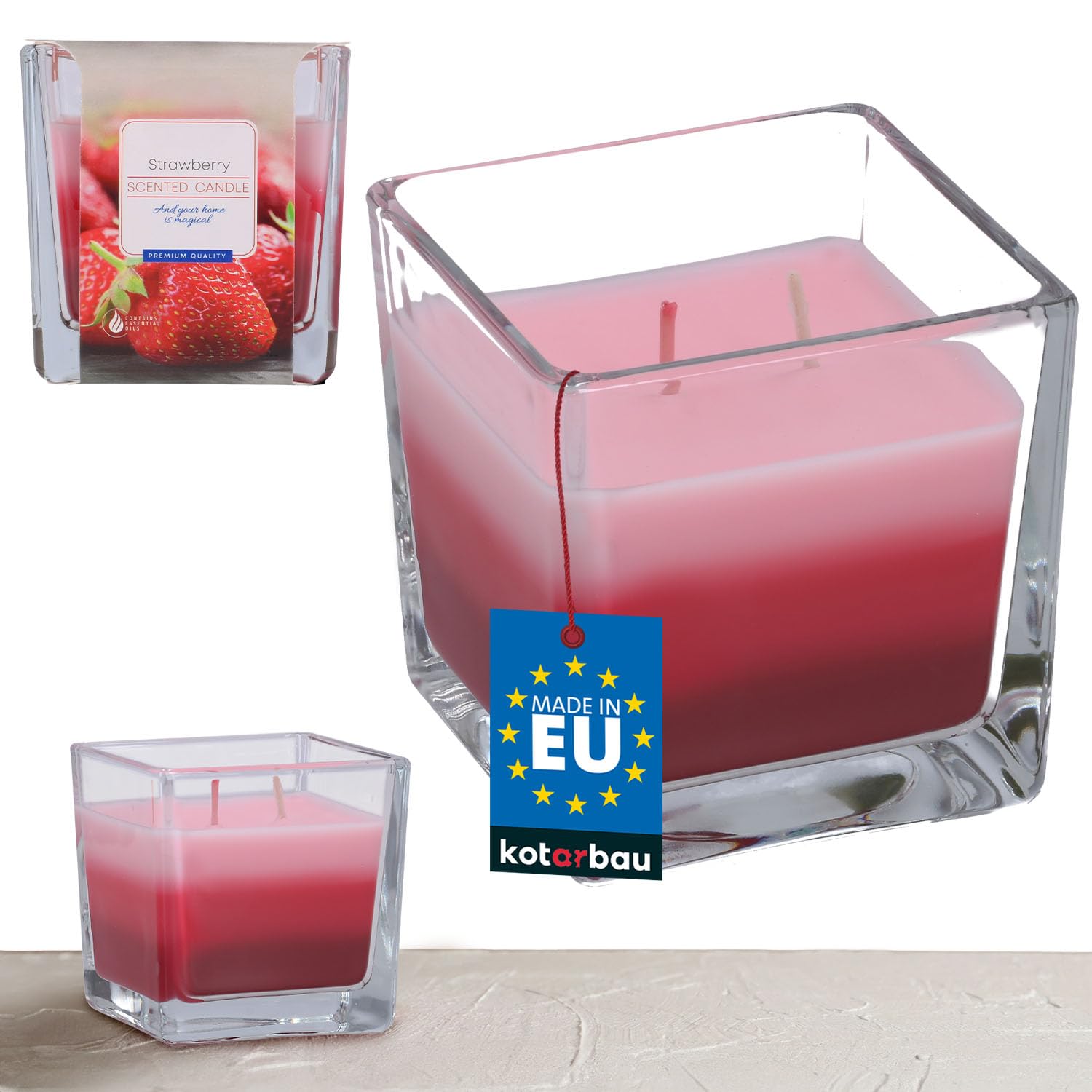 KOTARBAU® 2-Wick Scented Candle in Glass Strawberry Two-Wick Candle Tri-Colour Gift Idea Aromatherapy Decorative Candles Burn Time up to 32 Hours
