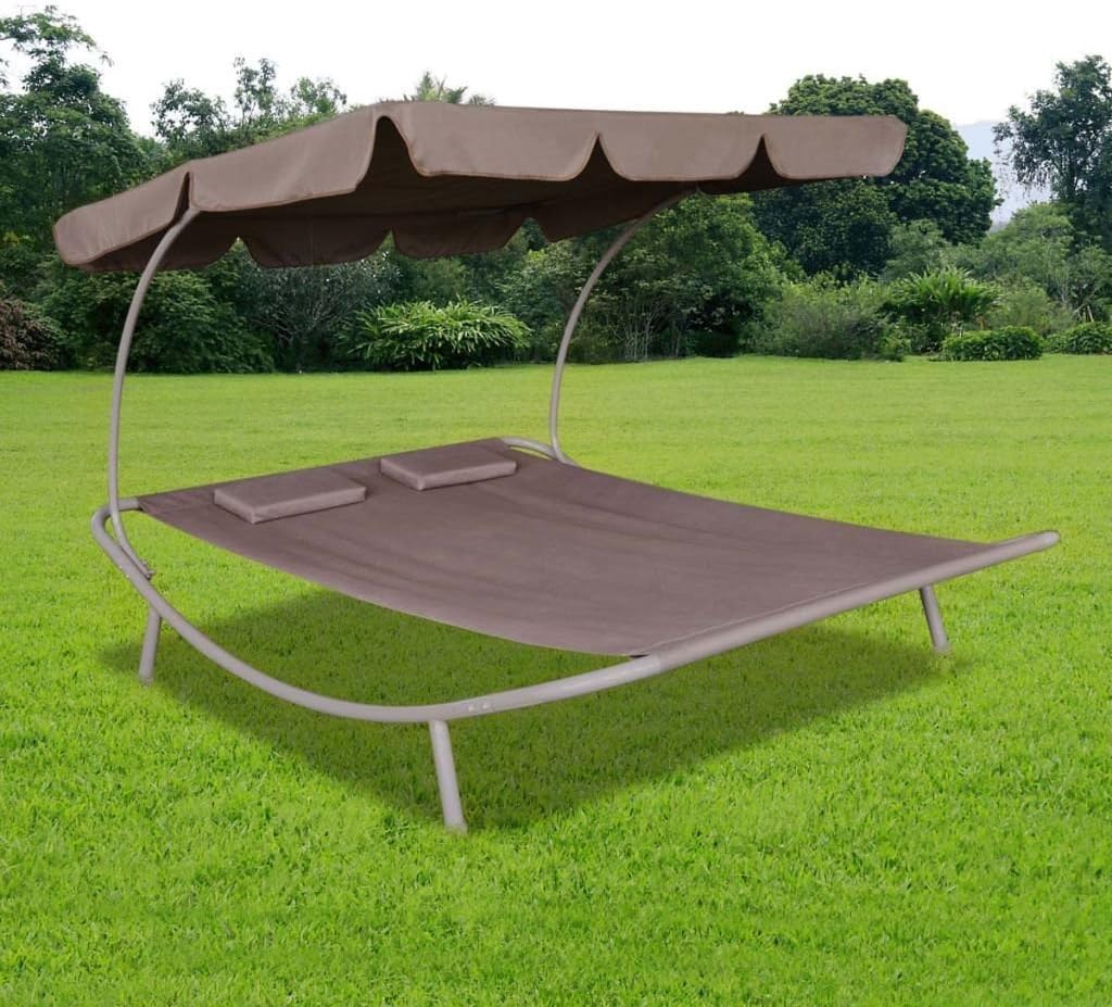Outdoor Patio Double Hammock Sun Lounger Bed w/Canopy and 2 Pillows, Brown