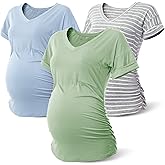 Rnxrbb Long Enough Maternity Shirts Short Sleeve Summer Pregnancy Tops& Tees Clothes V Neck Casual Outfits for Women 3 Pack