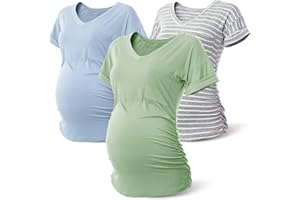 Rnxrbb Long Enough Maternity Shirts Short Sleeve Summer Pregnancy Tops& Tees Clothes V Neck Casual Outfits for Women 3 Pack