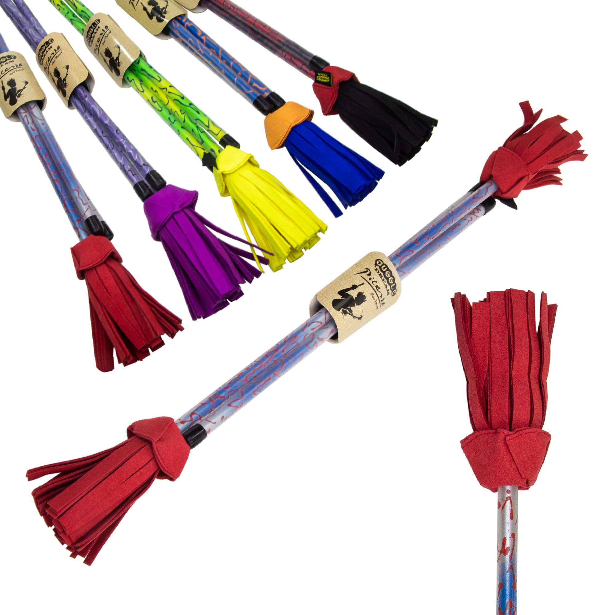 Juggle Dream Picasso Flowerstick. Hand painted unique with matching Handsticks. Covered with Ultra Grip Silicone. Virtually unbreakable Fibreglass. Bright PSuede Tassels. Juggling Set (Blue/Silver)