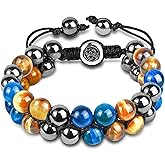 Desnuage Triple Protection Bracelet Natural Black Obsidian Tigers Eye Hematite Beads Crystal Bracelet Healing Bracelets for Men Women Bring Prosperity Luck and Health