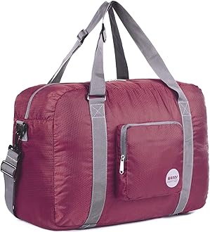 WANDF Foldable Travel Duffel Bag Luggage Sports Gym Water Resistant Nylon (Wine Red 40L)