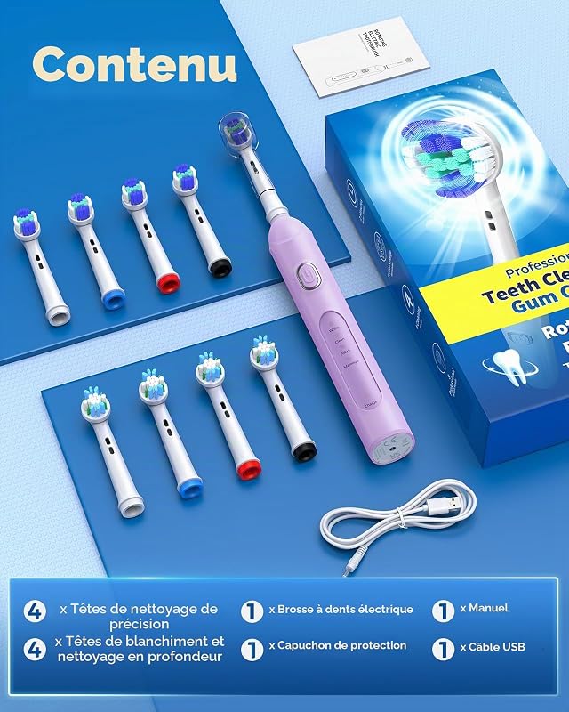 Brosse à Dents Électrique Rotative, 8 Têtes 4 Modes violet