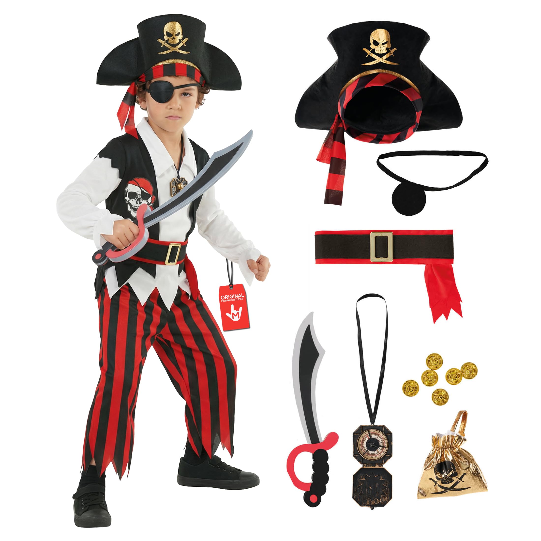 Morph Costumes Red Kids Pirate Costume for Boys and Girls, Toddler Pirate Fancy Dress Outfit, Fun Dress-Up Apparel, 4-6 Years