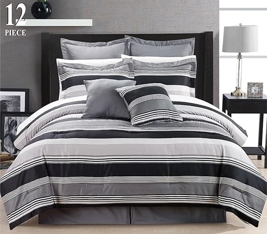Amazon Com 12 Piece Modern Bedding Black Grey White Stripe King