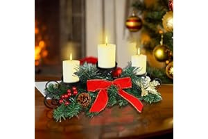 MorTime Christmas Candle Holder Centerpiece, Xmas Tabletop Decor with Red Bow Berries Pinecones, Table Centerpiece with Steel Base for Christmas Decoration