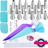 Riccle Piping Bags and Tips Set, 12 Inch 100 Anti Burst Piping Bags, Cake Decorating Kit with 18 Piping Tips, 1 Reusable Past