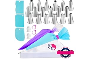 Riccle Piping Bags and Tips Set, 12 Inch 100 Anti Burst Piping Bags, Cake Decorating Kit with 18 Piping Tips, 1 Reusable Pastry Bags, 3 Cake Scrapers, 2 Couplers, and 2 Icing Bags Ties