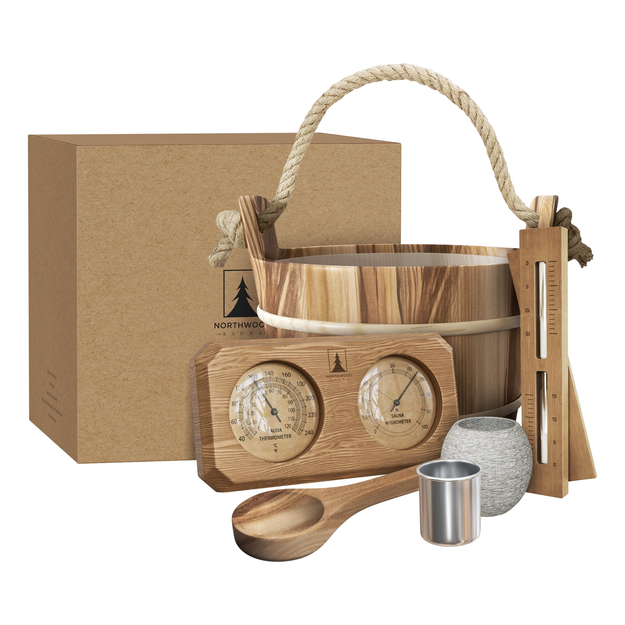 Photo 1 of Northwood Sauna - Sauna Accessories Kit - Handmade from Canadian Red Cedar Wood - Core Set (Bucket & Ladle, Thermometer & Hygrometer, Sand Timer, Aromatherapy Cup)
