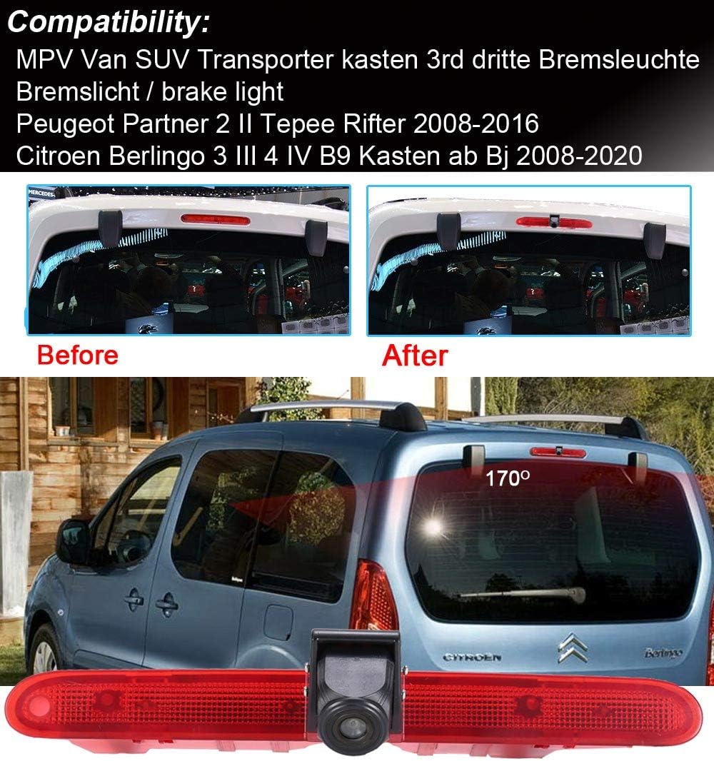 HD 170° Brake Light Roof Rear View Reversing Camera Angle Adjustable Compatible with Toyota Proace Verso/Citroen Berlingo B9 Mk2 MK3/Opel Combo/Limousine X19 Tour Life K9/Peugeot Partner Tepee/Rifter - Image 3