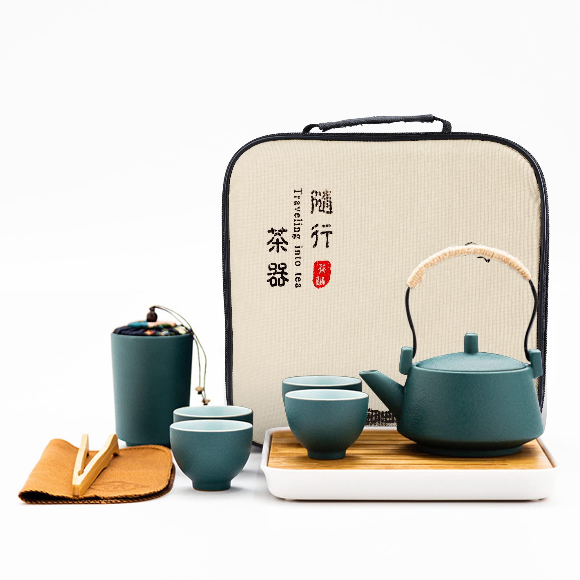 fanquare Japanese Green Tea Sets for Adults, Ceramic Chinese Tea Set, Portable Gongfu Tea Service with Bamboo Tray, Teapot